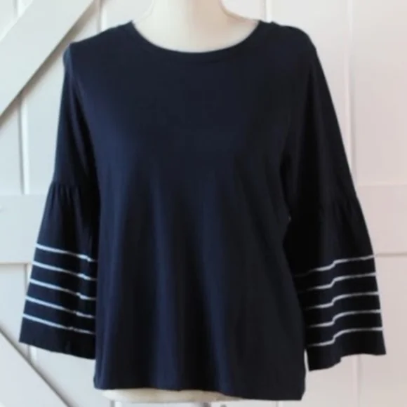 J. Crew Bell Sleeve Navy Nautical Top with Piping small K1524 - Picture 3 of 9